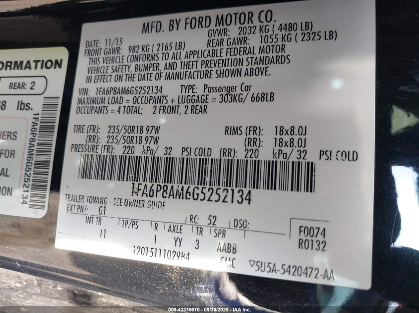 2016 FORD MUSTANG V6 - 1FA6P8AM6G5252134