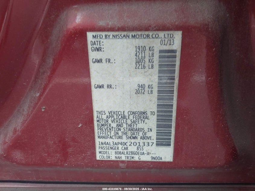 2013 Nissan Altima 2.5 S VIN: 1N4AL3AP4DC201337 Lot: 43335676