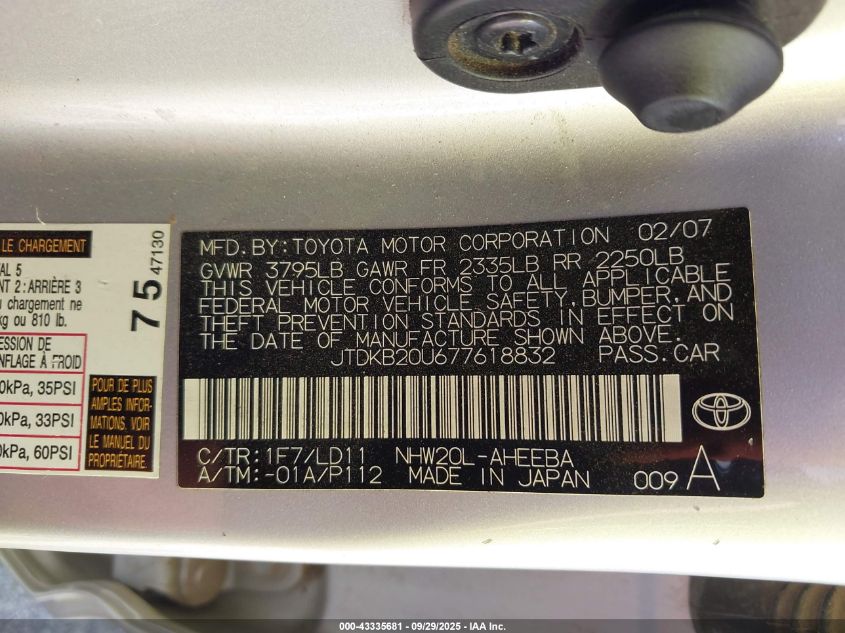 2007 Toyota Prius VIN: JTDKB20U677618832 Lot: 43335681