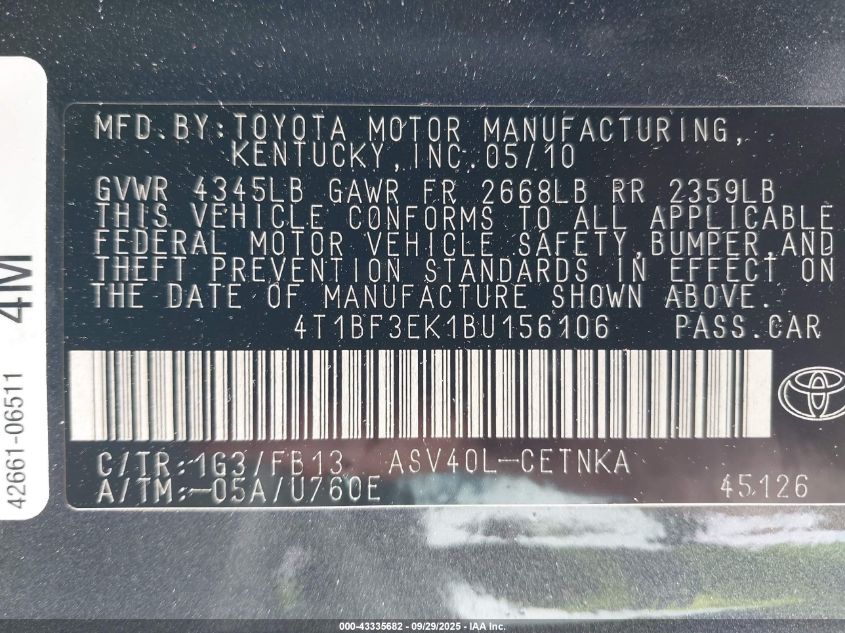 2011 Toyota Camry Le VIN: 4T1BF3EK1BU156106 Lot: 43335682