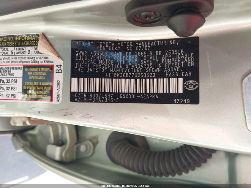 2007 Toyota Avalon Limited VIN: 4T1BK36B77U253523 Lot: 43335683