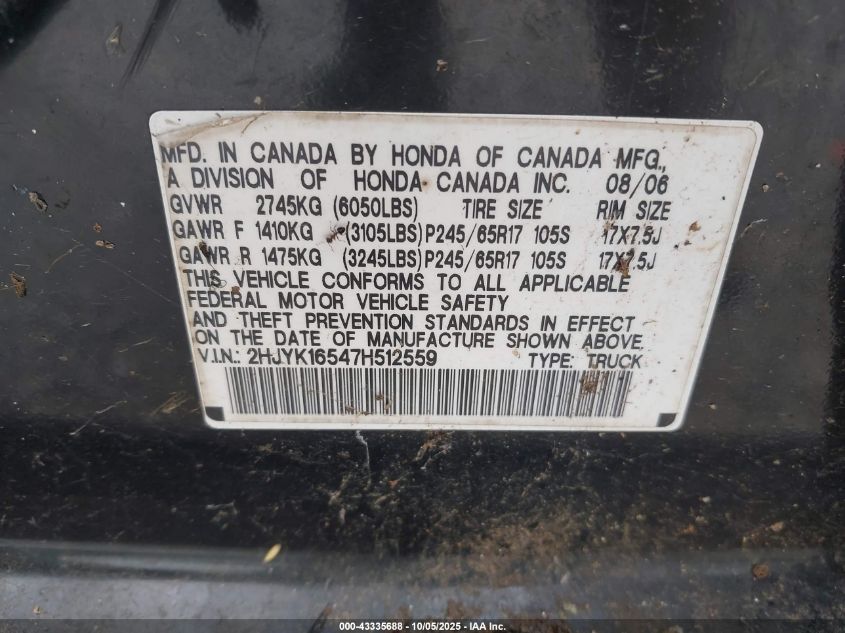 2007 Honda Ridgeline Rtl VIN: 2HJYK16547H512559 Lot: 43335688