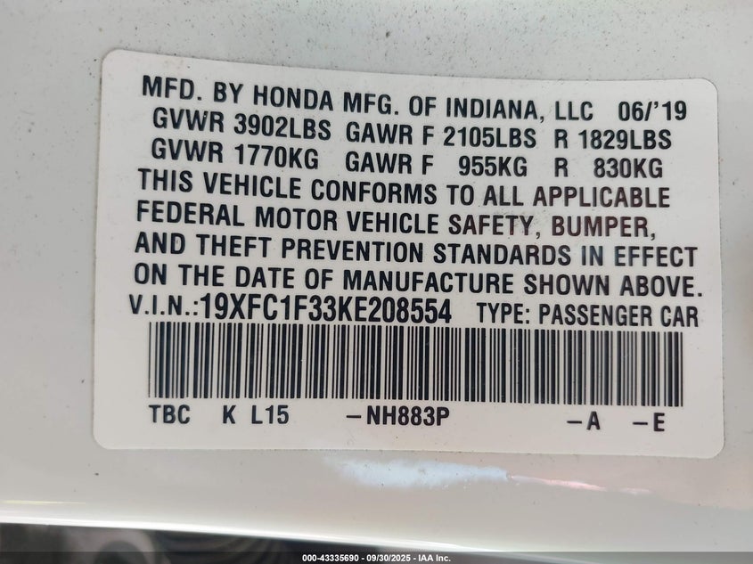 2019 HONDA CIVIC EX - 19XFC1F33KE208554