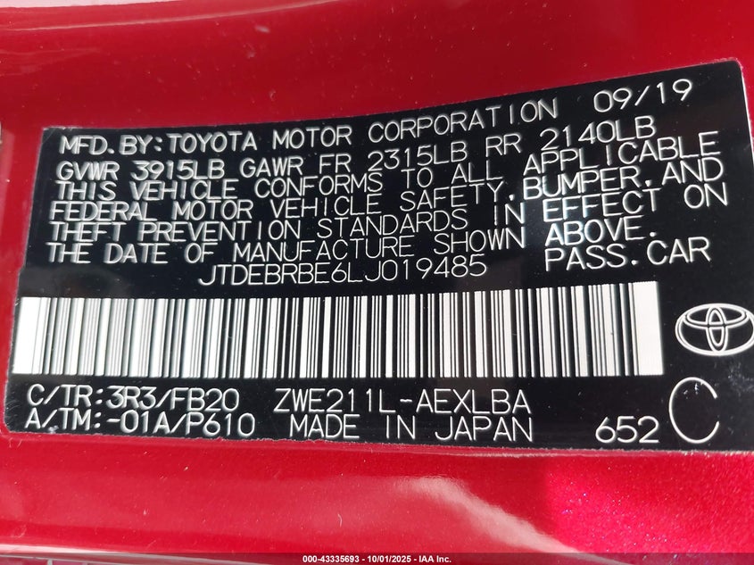 2020 TOYOTA COROLLA HYBRID LE - JTDEBRBE6LJ019485