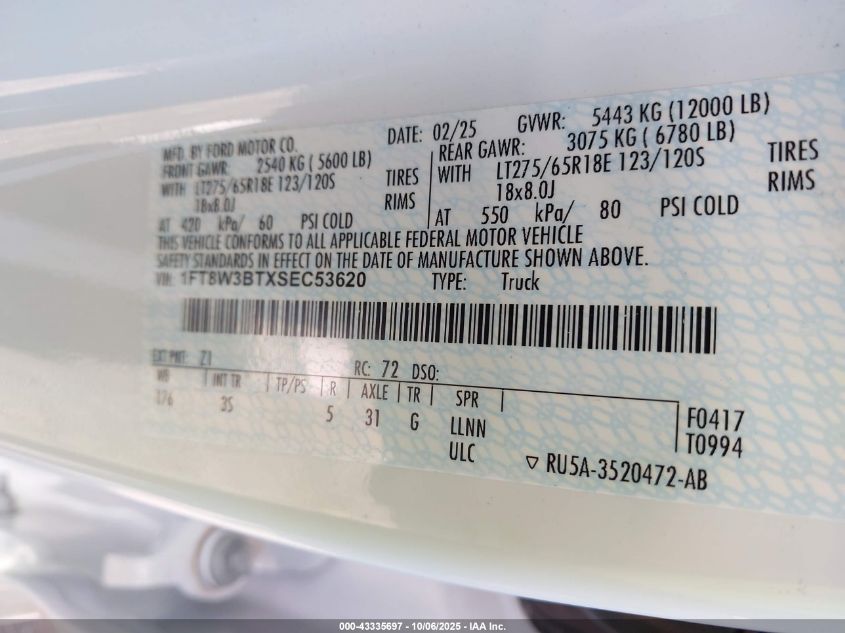 2025 Ford F-350 Xlt VIN: 1FT8W3BTXSEC53620 Lot: 43335697