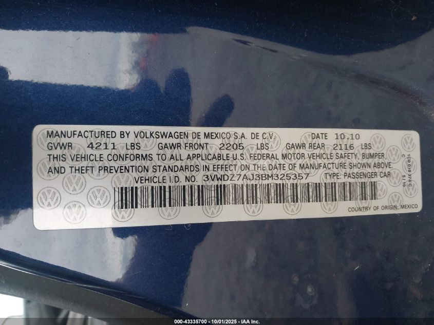2011 Volkswagen Jetta 2.5L Se VIN: 3VWDZ7AJ3BM325357 Lot: 43335700