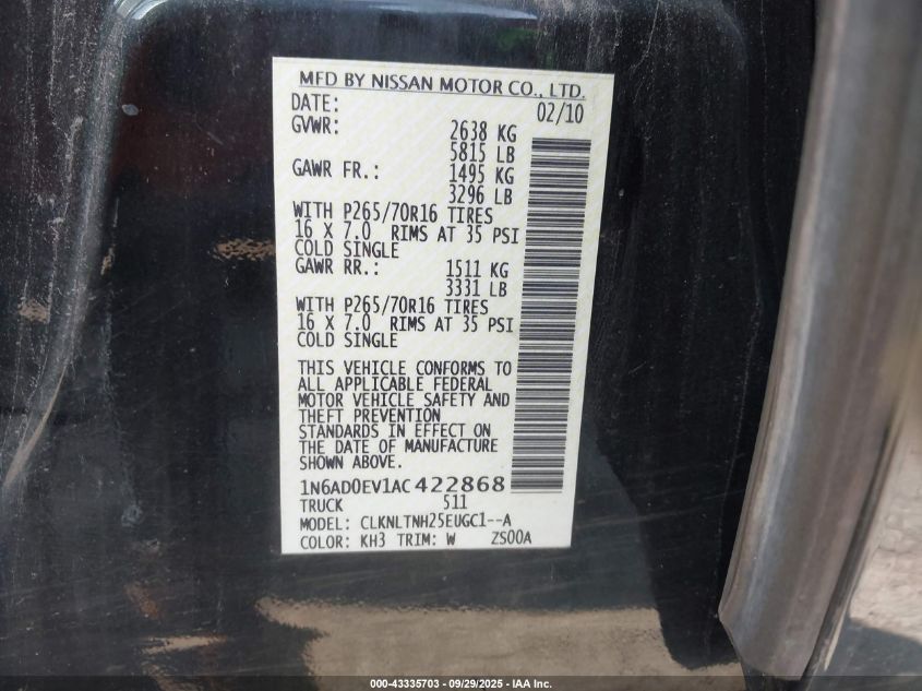 2010 Nissan Frontier Se VIN: 1N6AD0EV1AC422868 Lot: 43335703