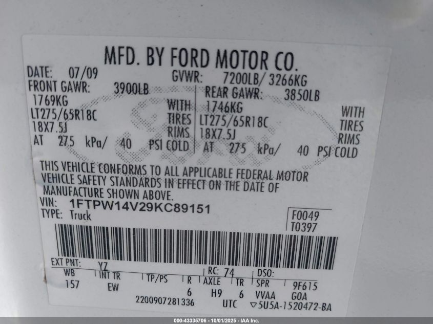 2009 Ford F-150 Lariat VIN: 1FTPW14V29KC89151 Lot: 43335706
