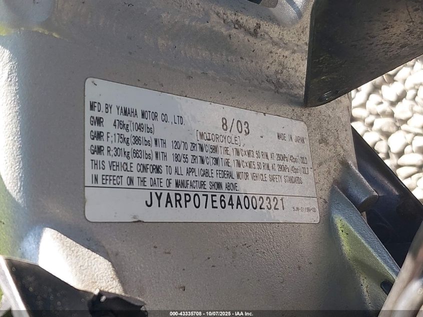 2004 Yamaha Fjr1300 VIN: JYARP07E64A002321 Lot: 43335708