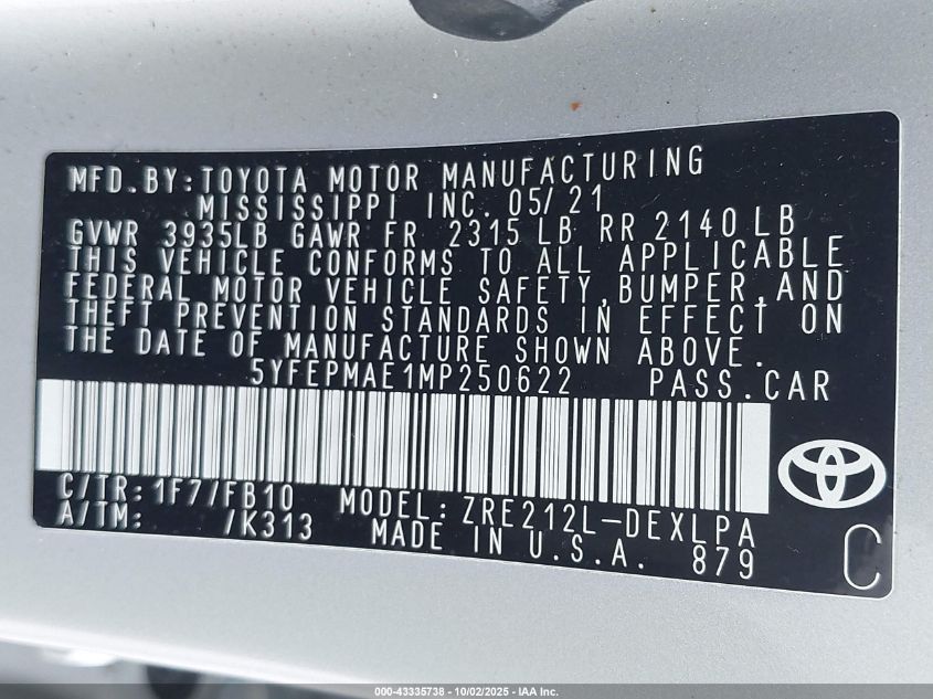 2021 Toyota Corolla Le VIN: 5YFEPMAE1MP250622 Lot: 43335738