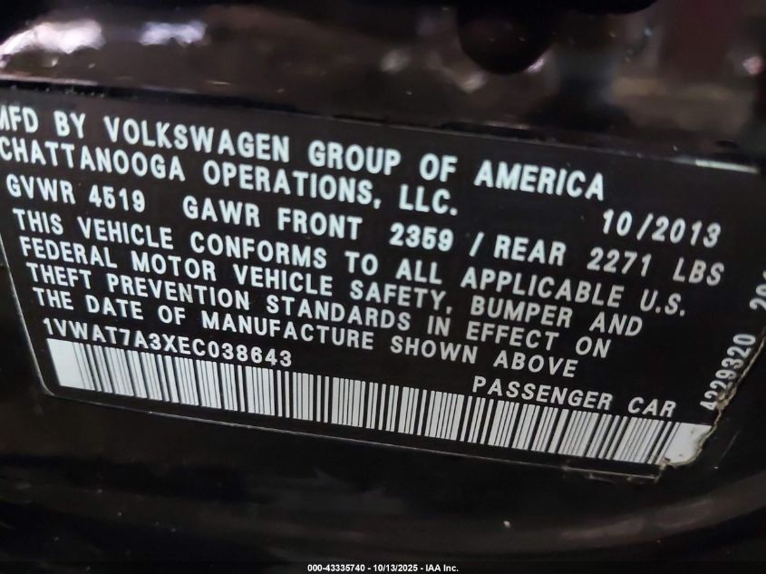 2014 Volkswagen Passat 1.8T Wolfsburg Edition VIN: 1VWAT7A3XEC038643 Lot: 43335740