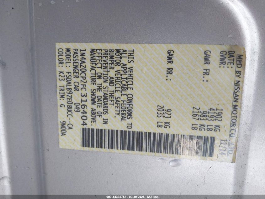 2015 Nissan Leaf S VIN: 1N4AZ0CP2FC316404 Lot: 43335758