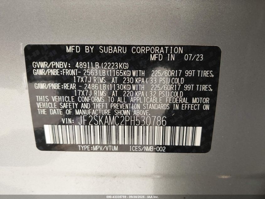 2023 Subaru Forester Wilderness VIN: JF2SKAMC2PH530786 Lot: 43335759