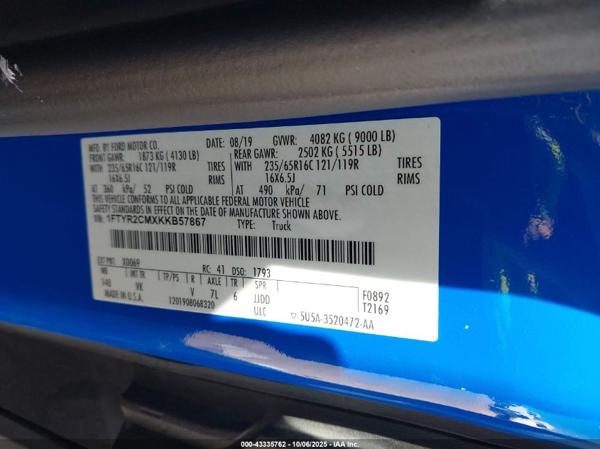 2019 Ford Transit-250 VIN: 1FTYR2CMXKKB57867 Lot: 43335762