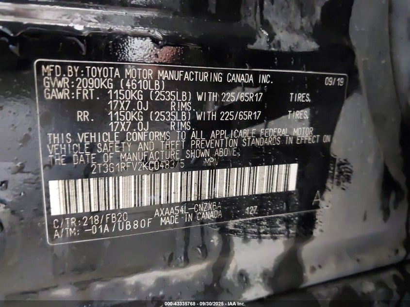 2019 Toyota Rav4 Le VIN: 02T3G1RFV2KC04837 Lot: 43335768