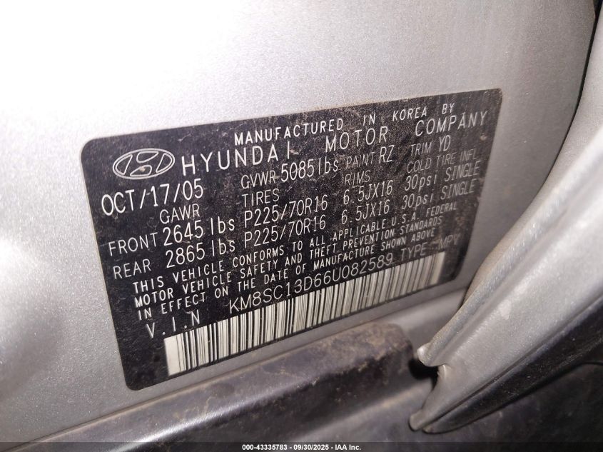 2006 Hyundai Santa Fe Gls VIN: KM8SC13D66U082589 Lot: 43335783
