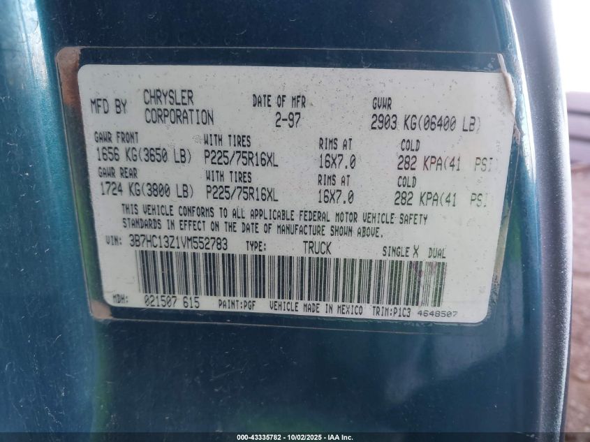 1997 Dodge Ram 1500 St VIN: 3B7HC13Z1VM552783 Lot: 43335782
