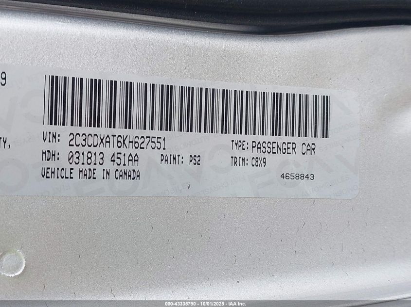 2019 Dodge Charger Police Rwd VIN: 2C3CDXAT6KH627551 Lot: 43335790