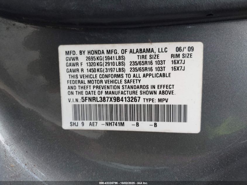 2009 Honda Odyssey Ex-L VIN: 5FNRL387X9B413267 Lot: 43335796