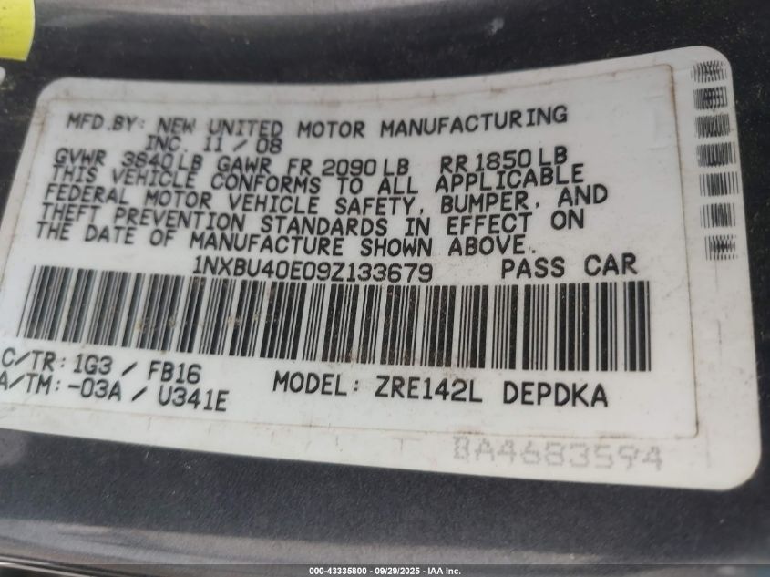 2009 Toyota Corolla Le VIN: 1NXBU40E09Z133679 Lot: 43335800