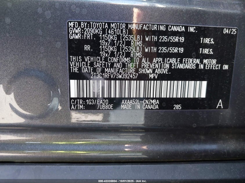 2025 Toyota Rav4 Xle Premium VIN: 2T3C1RFV7SW392457 Lot: 43335804