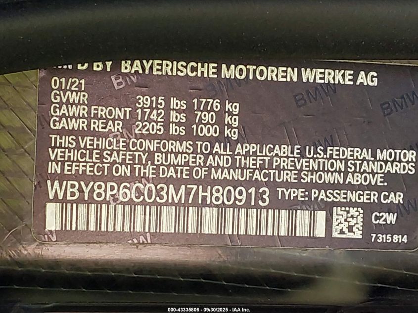 2021 BMW I3S 120Ah VIN: WBY8P6C03M7H80913 Lot: 43335806