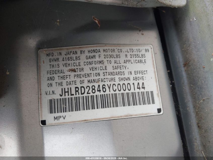 2000 Honda Cr-V Lx VIN: JHLRD2846YC000144 Lot: 43335816