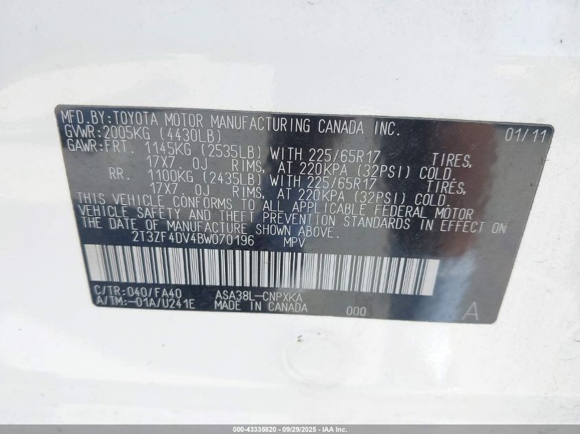 2011 Toyota Rav4 VIN: 2T3ZF4DV4BW070196 Lot: 43335820