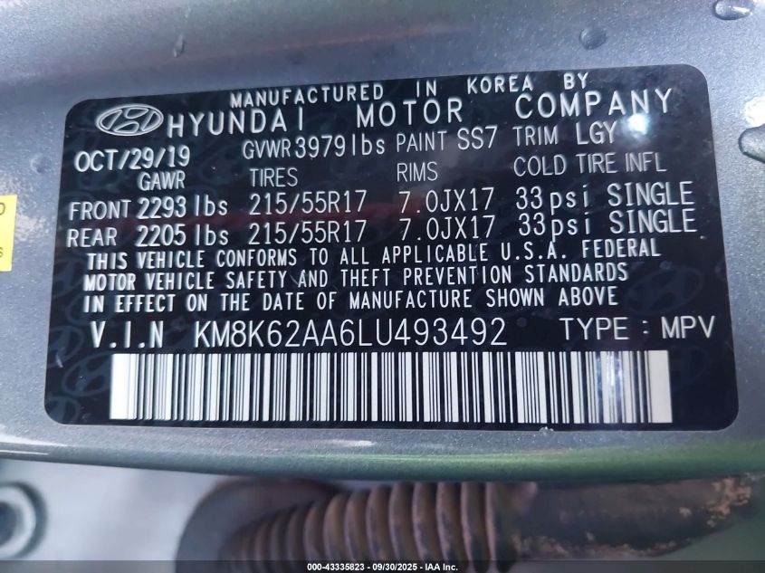 2020 Hyundai Kona Sel Plus VIN: KM8K62AA6LU493492 Lot: 43335823
