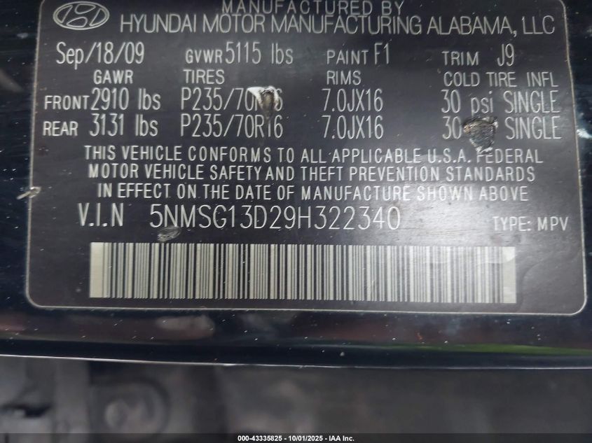 2009 Hyundai Santa Fe Gls VIN: 5NMSG13D29H322340 Lot: 43335825