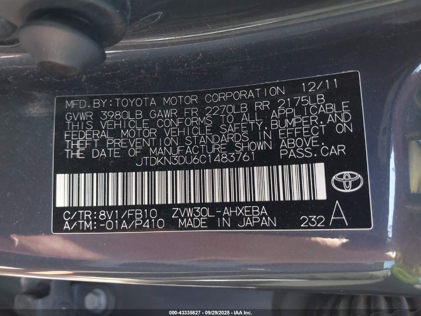 2012 Toyota Prius Two VIN: JTDKN3DU6C1483761 Lot: 43335827