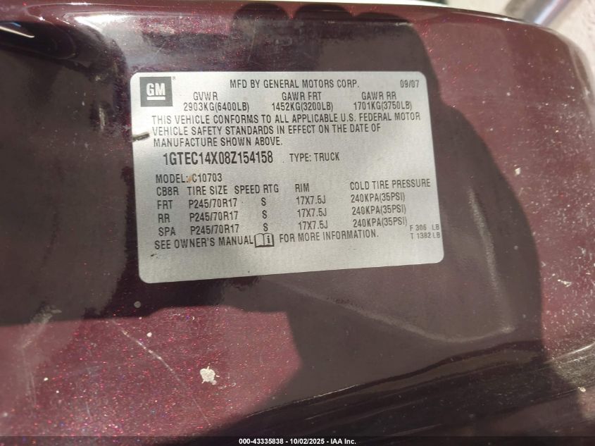 2008 GMC Sierra 1500 Work Truck VIN: 1GTEC14X08Z154158 Lot: 43335838