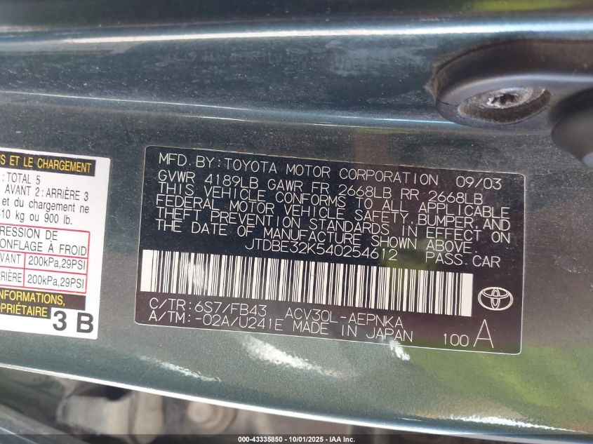 2004 Toyota Camry Le VIN: JTDBE32K540254612 Lot: 43335850