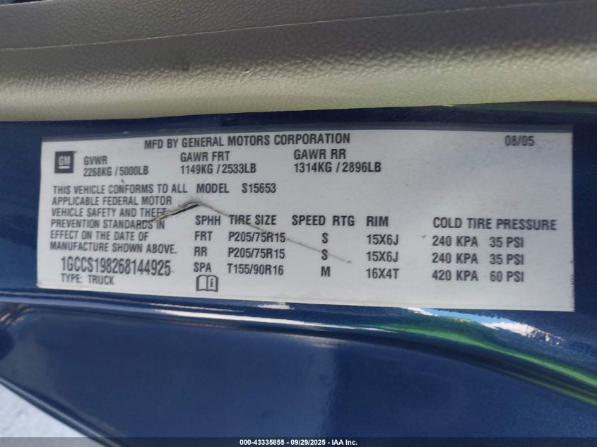 2006 Chevrolet Colorado Ls VIN: 1GCCS198268144925 Lot: 43335855