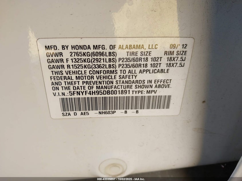 2013 HONDA PILOT TOURING - 5FNYF4H95DB001891