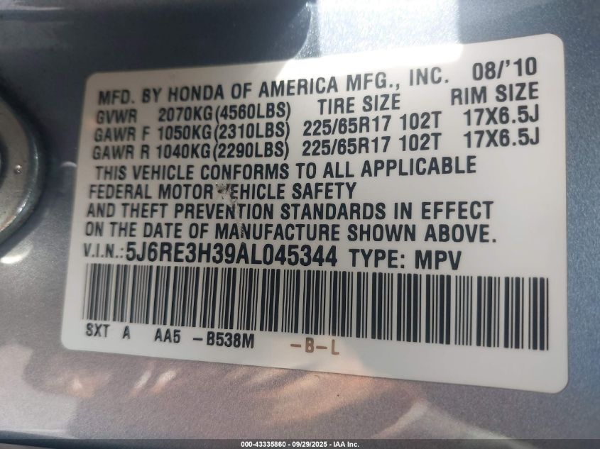 2010 Honda Cr-V Lx VIN: 5J6RE3H39AL045344 Lot: 43335860
