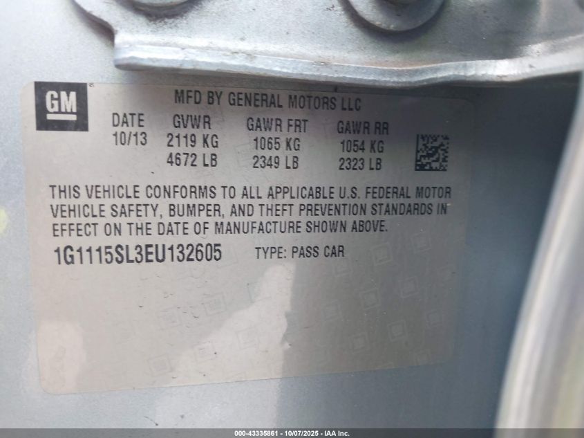 2014 Chevrolet Impala 1Lt VIN: 1G1115SL3EU132605 Lot: 43335861