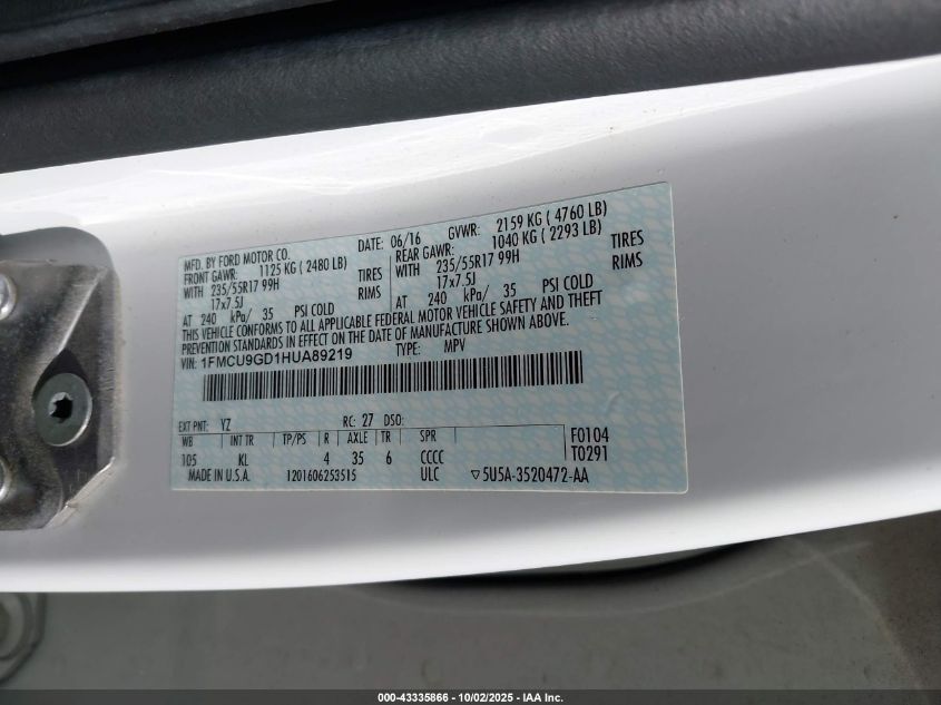 2017 Ford Escape Se VIN: 1FMCU9GD1HUA89219 Lot: 43335866