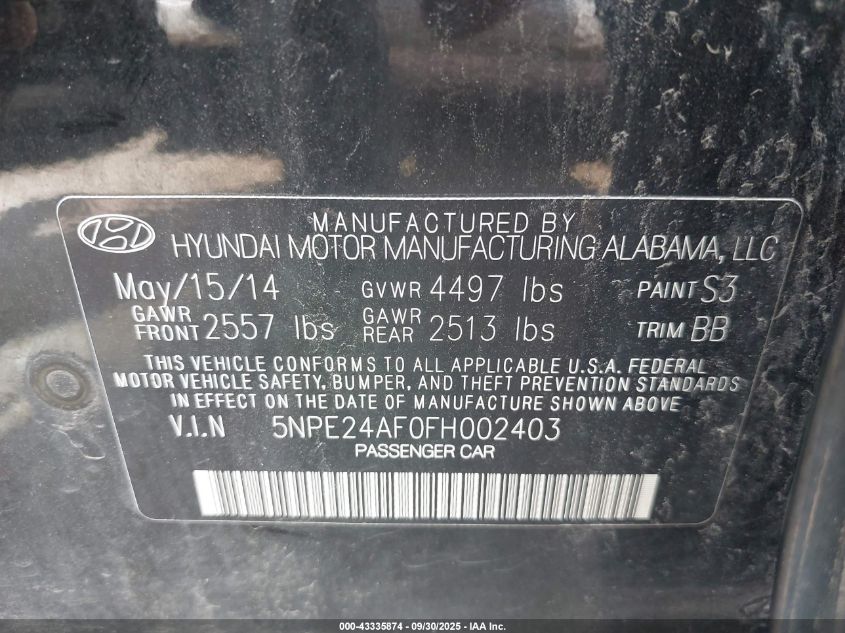 2015 Hyundai Sonata Se VIN: 5NPE24AF0FH002403 Lot: 43335874
