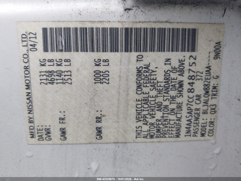 2012 Nissan Maxima 3.5 S VIN: 1N4AA5AP7CC848752 Lot: 43335878