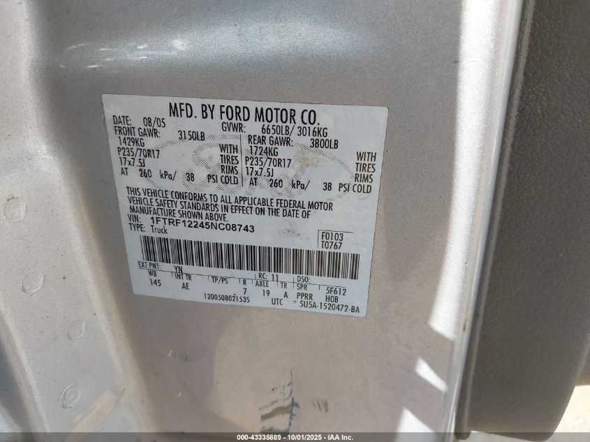 2005 Ford F-150 Stx/Xl/Xlt VIN: 1FTRF12245NC08743 Lot: 43335889