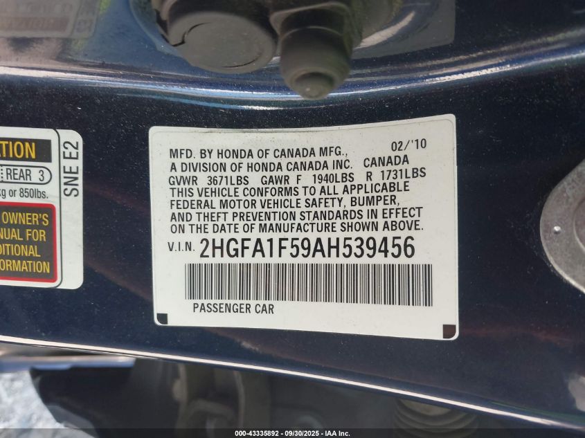2010 Honda Civic Lx VIN: 2HGFA1F59AH539456 Lot: 43335892