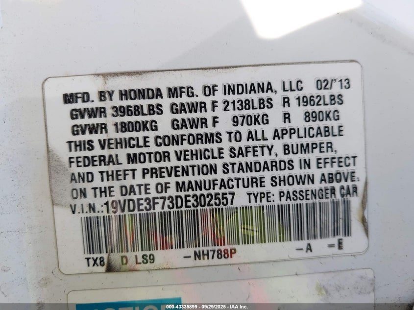 2013 Acura Ilx Hybrid 1.5L VIN: 19VDE3F73DE302557 Lot: 43335899