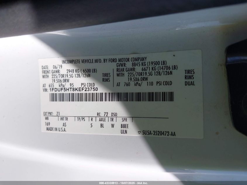 2019 Ford F-550 Chassis Xl VIN: 1FDUF5HT8KEF23750 Lot: 43335913