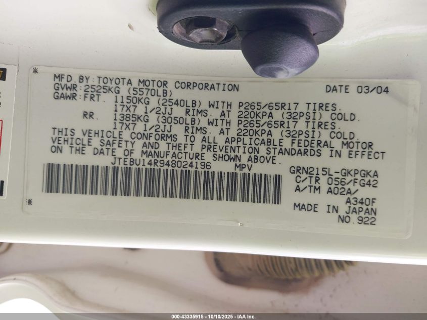 2004 Toyota 4Runner Sr5 V6 VIN: JTEBU14R948024196 Lot: 43335915