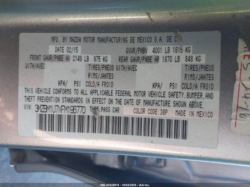 2015 Mazda Mazda3 I Sport VIN: 3MZBM1U7XFM196770 Lot: 43335918