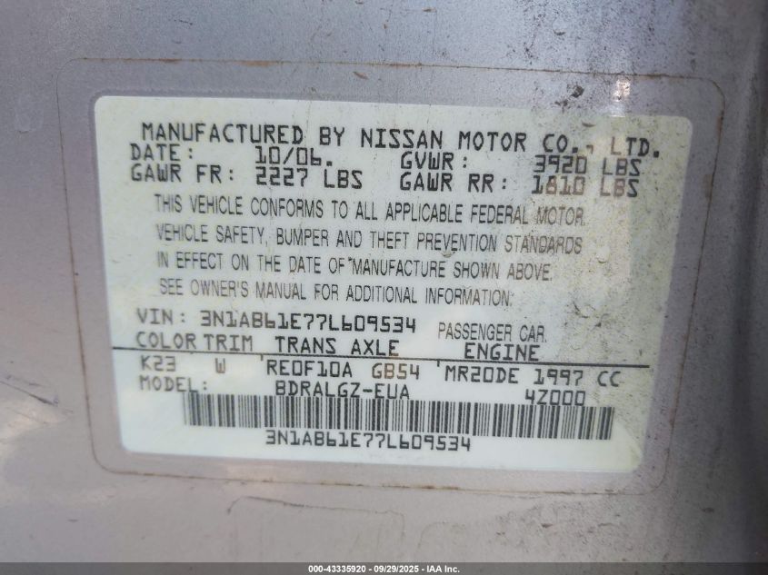 2007 Nissan Sentra 2.0Sl VIN: 3N1AB61E77L609534 Lot: 43335920