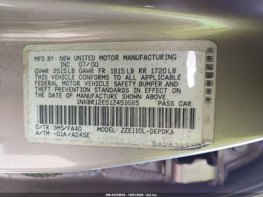 2001 Toyota Corolla Le VIN: 1NXBR12E51Z451685 Lot: 43335930