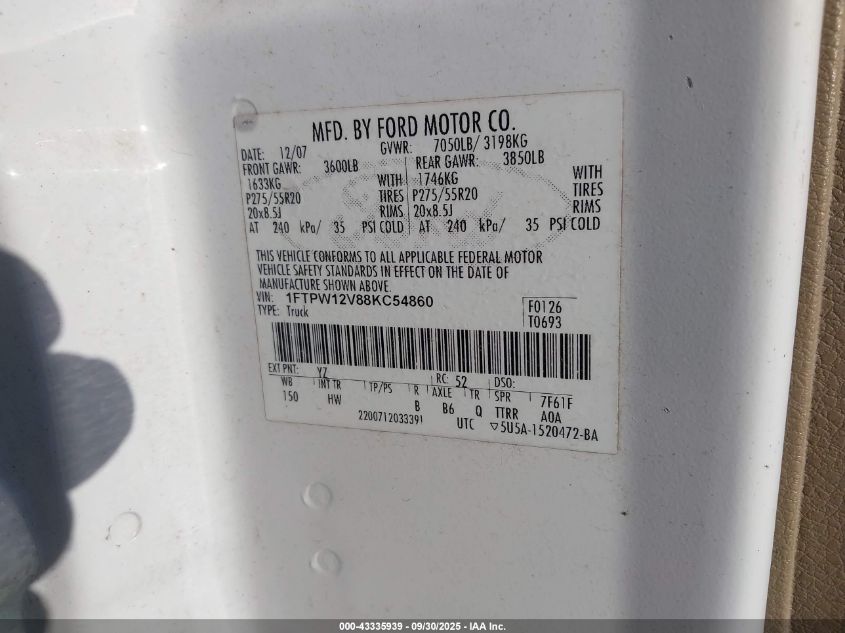 2008 Ford F-150 60Th Anniversary/Fx2/King Ranch/Lariat/Xlt VIN: 1FTPW12V88KC54860 Lot: 43335939