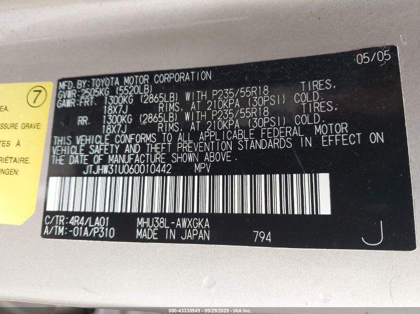 2006 Lexus Rx 400H VIN: JTJHW31U060010442 Lot: 43335949